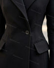Deep Black with Slight Plum Coat, close-up of notched lapels, button-front closure and flap pockets, by Floravincie