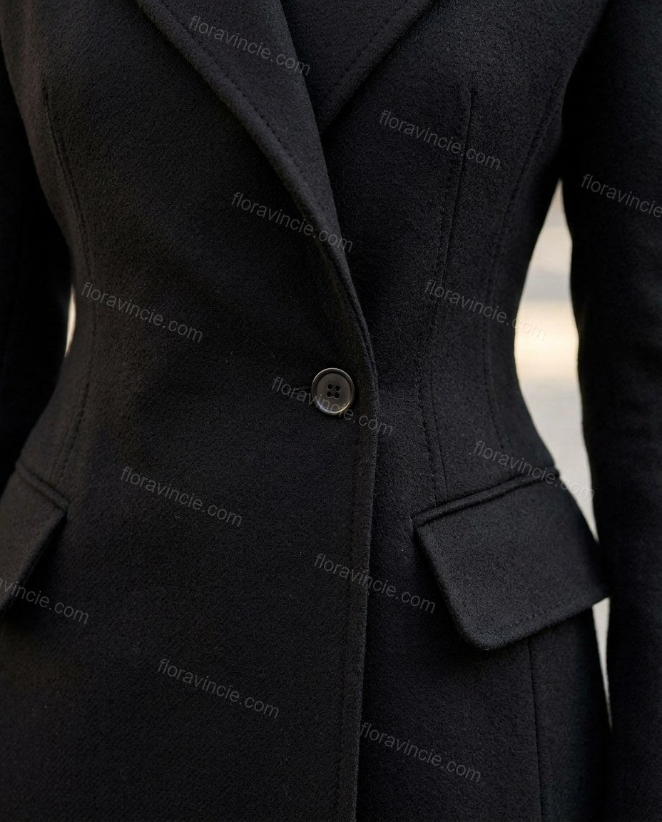 Deep Black with Slight Plum Coat, close-up of notched lapels, button-front closure and flap pockets, by Floravincie
