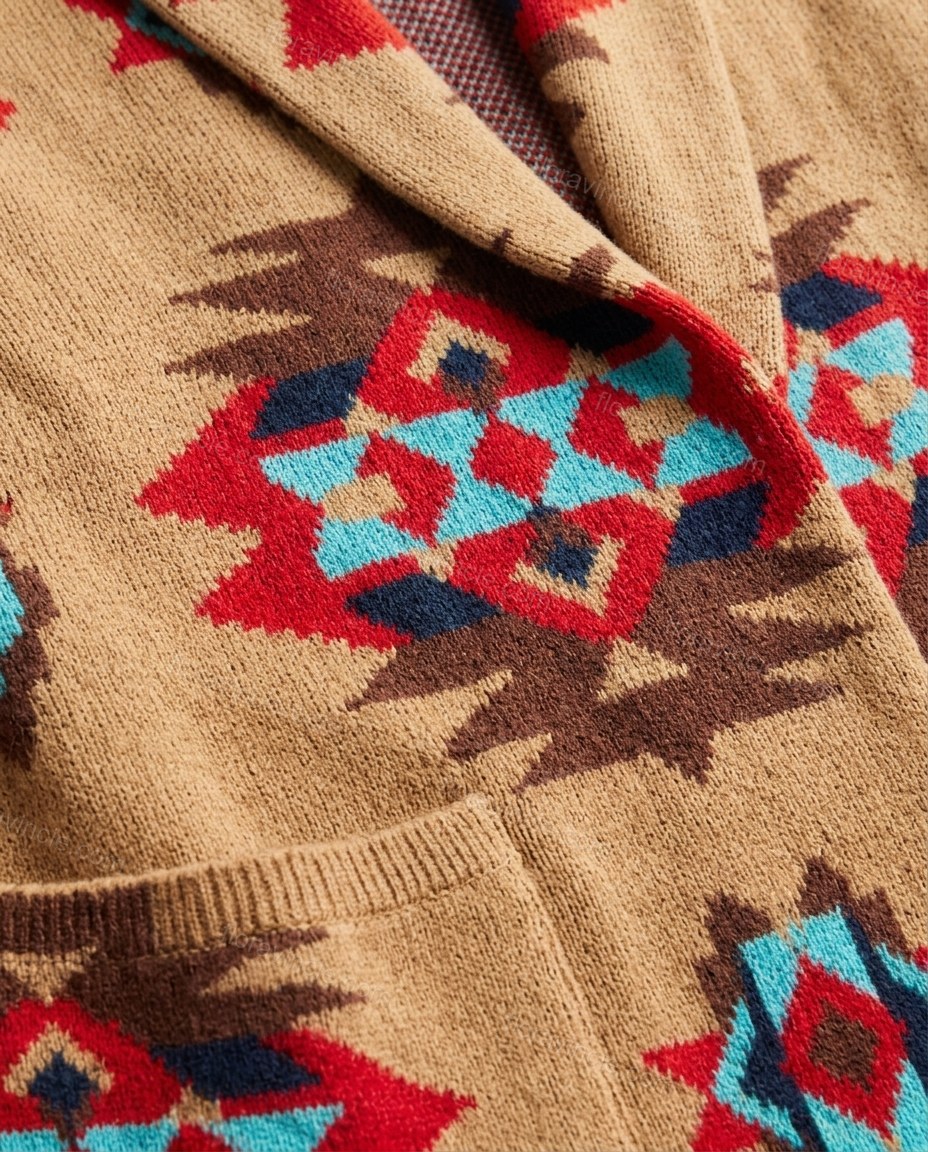 Camel Tan Geometric Knit Ribbed Cardigan, close-up of geometric, by Floravincie