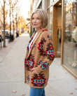 Camel Tan Geometric Knit Ribbed Cardigan, alternate use-case lifestyle view, by Floravincie