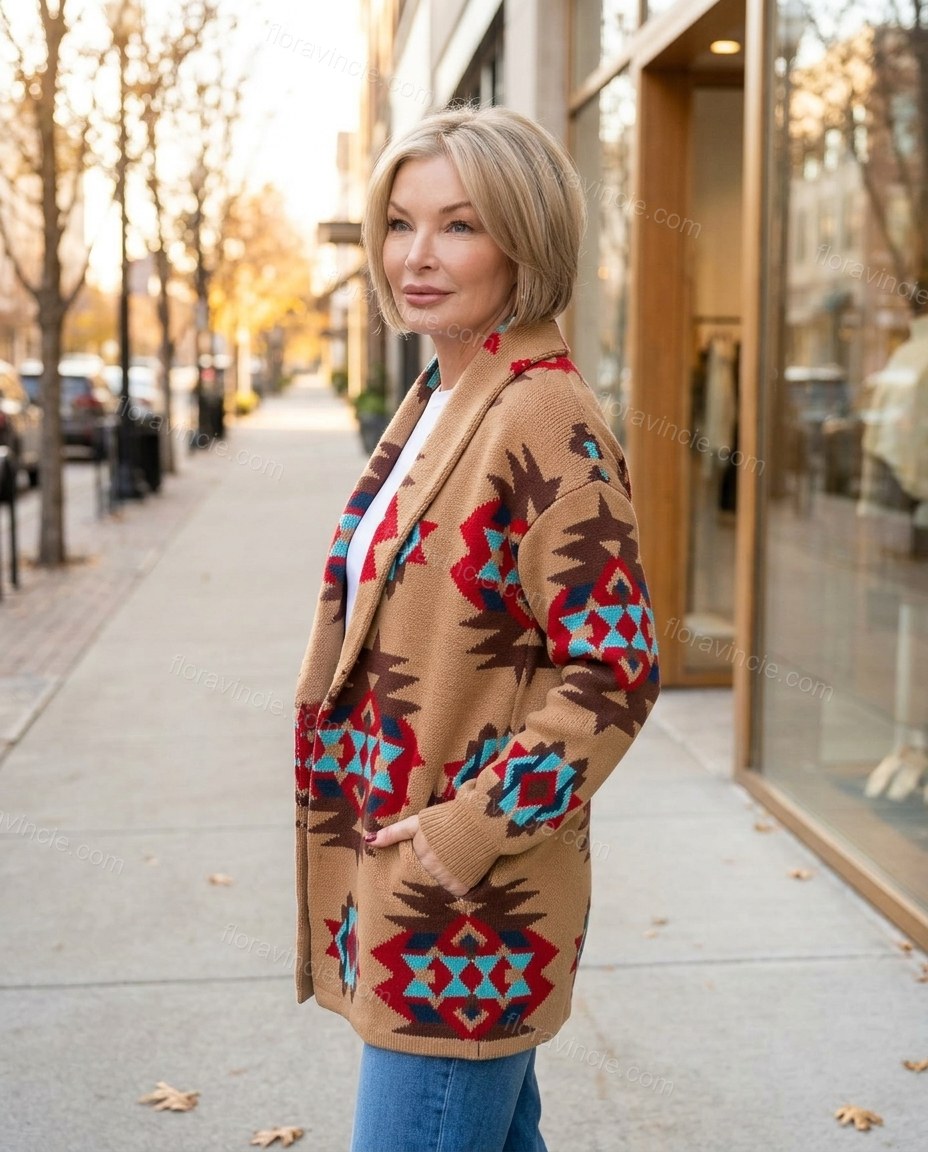 Camel Tan Geometric Knit Ribbed Cardigan, alternate use-case lifestyle view, by Floravincie