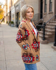 Camel Tan Geometric Knit Ribbed Cardigan, walking lifestyle view, by Floravincie
