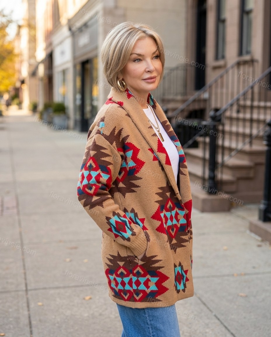 Camel Tan Geometric Knit Ribbed Cardigan, walking lifestyle view, by Floravincie
