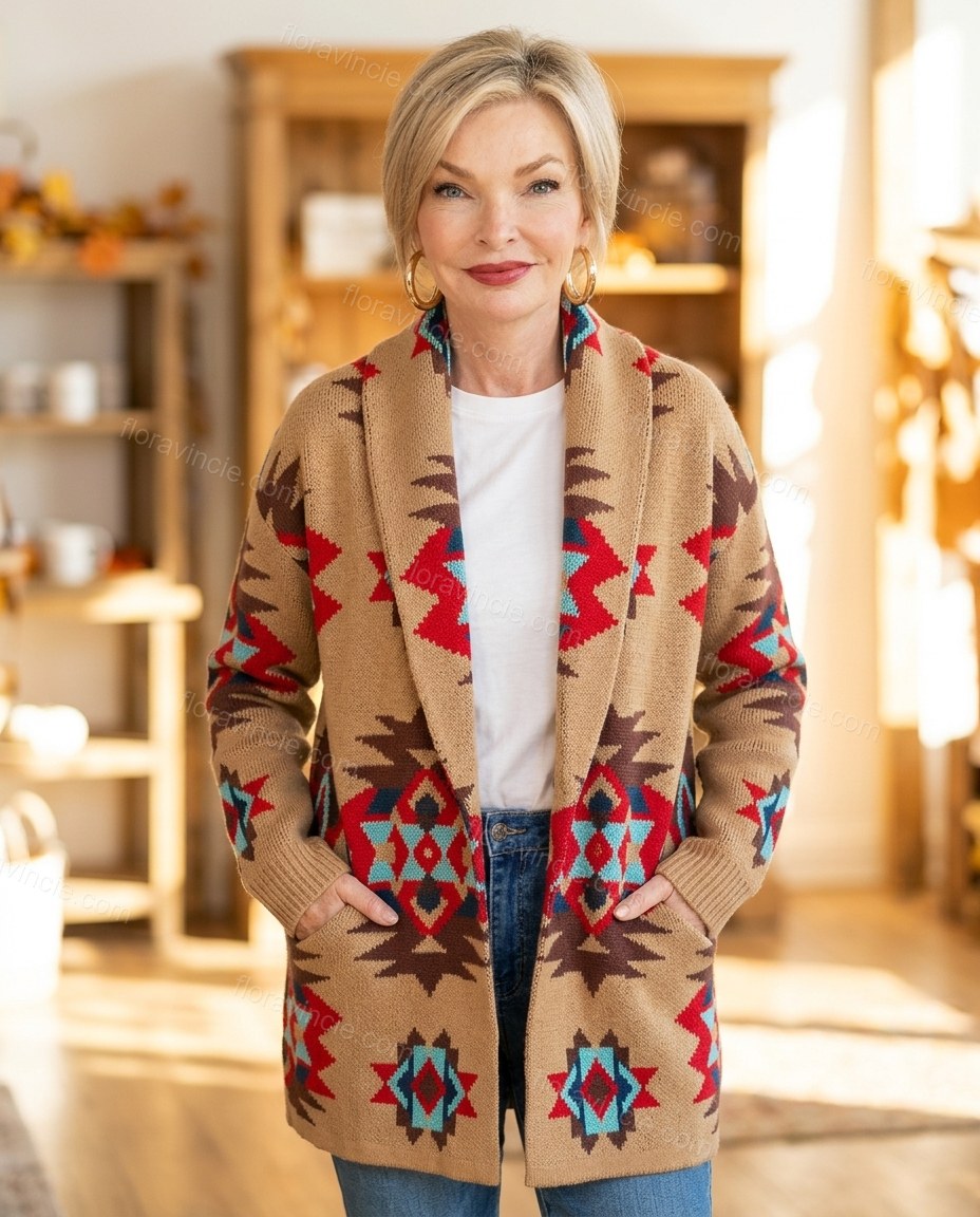 Camel Tan Geometric Knit Ribbed Cardigan, full-length hero view, by Floravincie