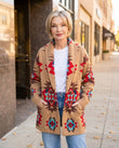 Camel Tan Geometric Knit Ribbed Cardigan, three-quarter brand lifestyle view, by Floravincie