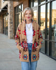Camel Tan Geometric Knit Ribbed Cardigan, movement and fit lifestyle view, by Floravincie