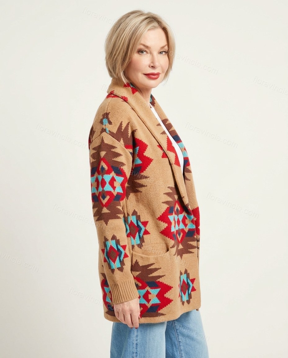 Camel Tan Geometric Knit Ribbed Cardigan, side and back studio view, by Floravincie