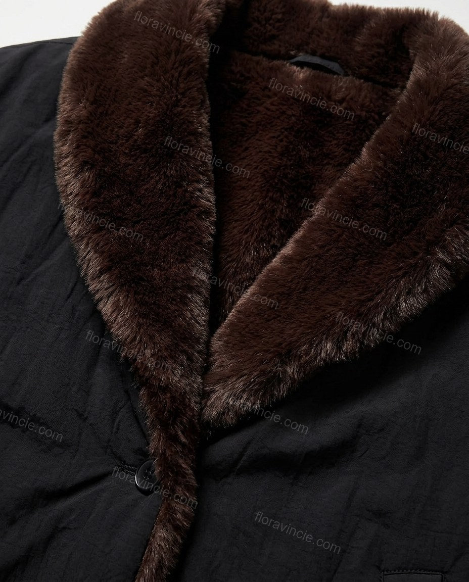 Black Jacket, close-up of dark chocolate brown plush accents, belt loops and front pockets, by Floravincie