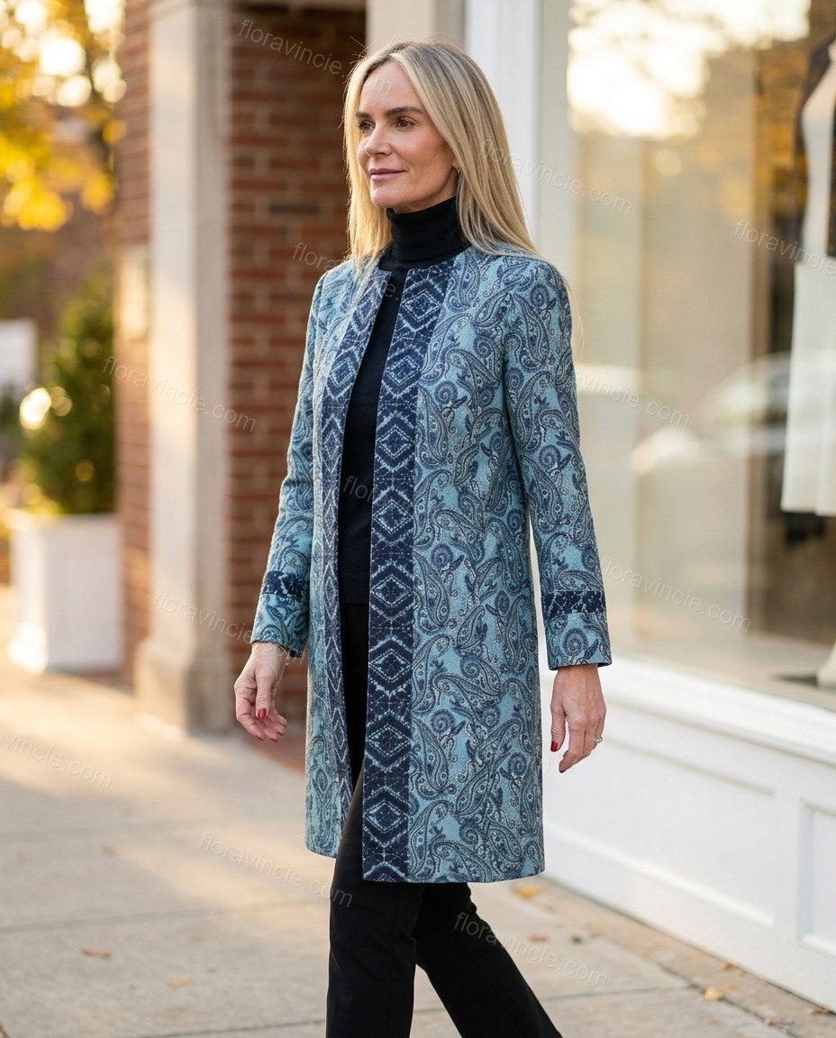Blue Teal Paisley Outerwear, walking lifestyle view, by Floravincie