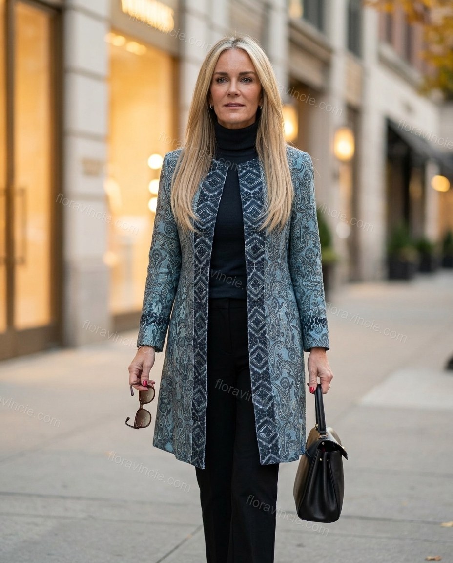 Blue Teal Paisley Outerwear, movement and fit lifestyle view, by Floravincie