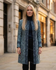 Blue Teal Paisley Outerwear, three-quarter brand lifestyle view, by Floravincie