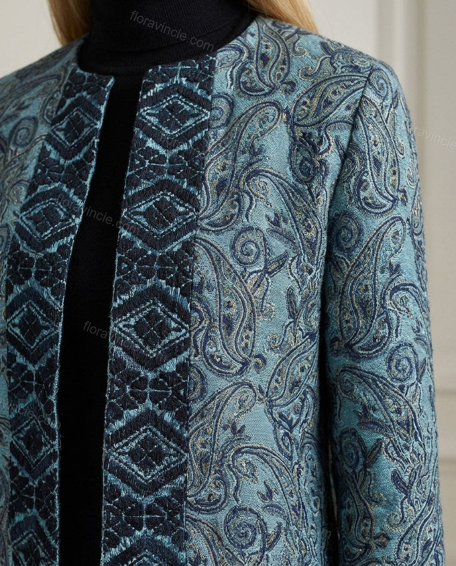 Blue Teal Paisley Outerwear, close-up of paisley, by Floravincie