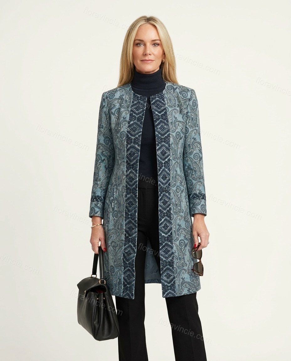 Blue Teal Paisley Outerwear, front studio view, by Floravincie