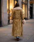 Mustard Metallic Gold Floral Coat, walking lifestyle view, by Floravincie
