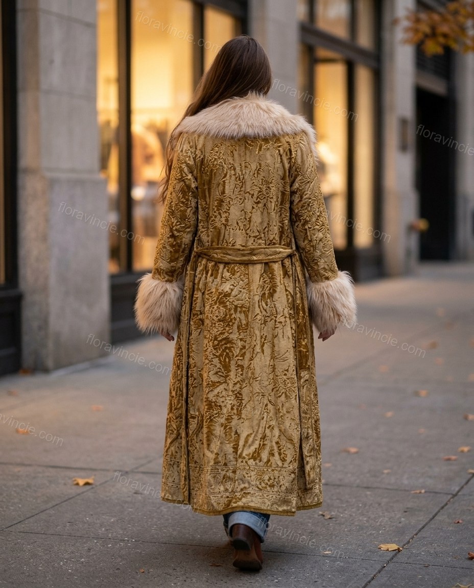 Mustard Metallic Gold Floral Coat, walking lifestyle view, by Floravincie