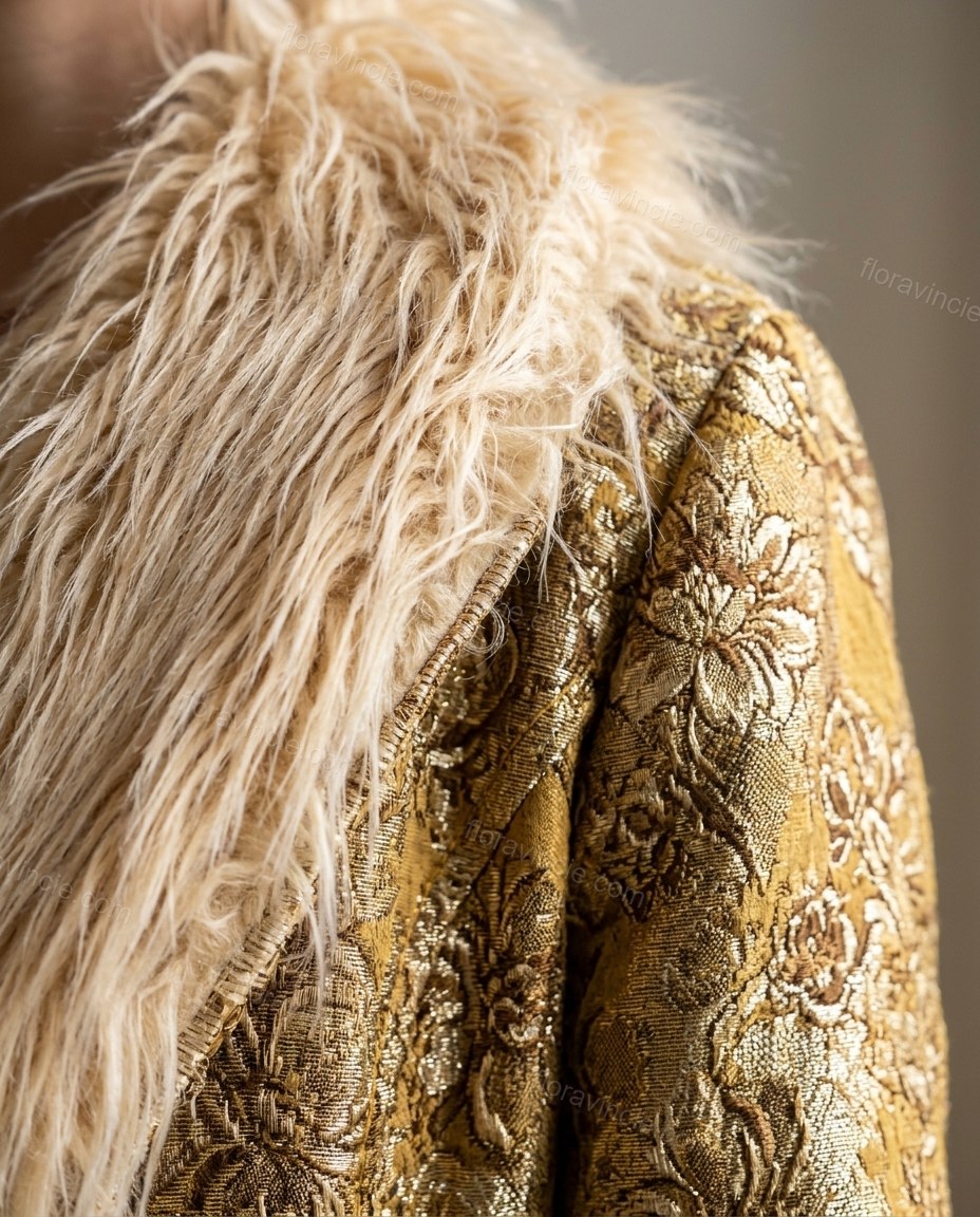 Mustard Metallic Gold Floral Coat, close-up of floral, by Floravincie