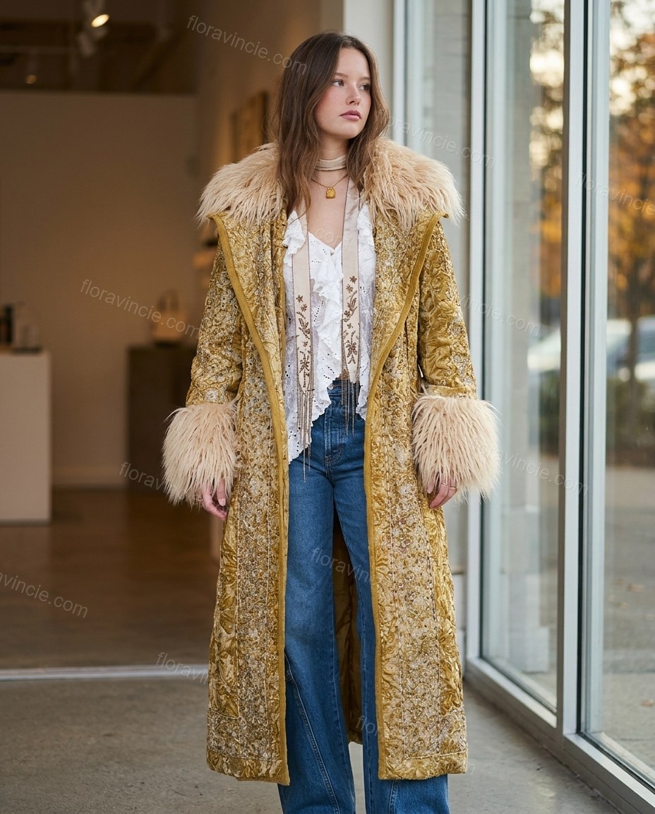 Mustard Metallic Gold Floral Coat, alternate use-case lifestyle view, by Floravincie