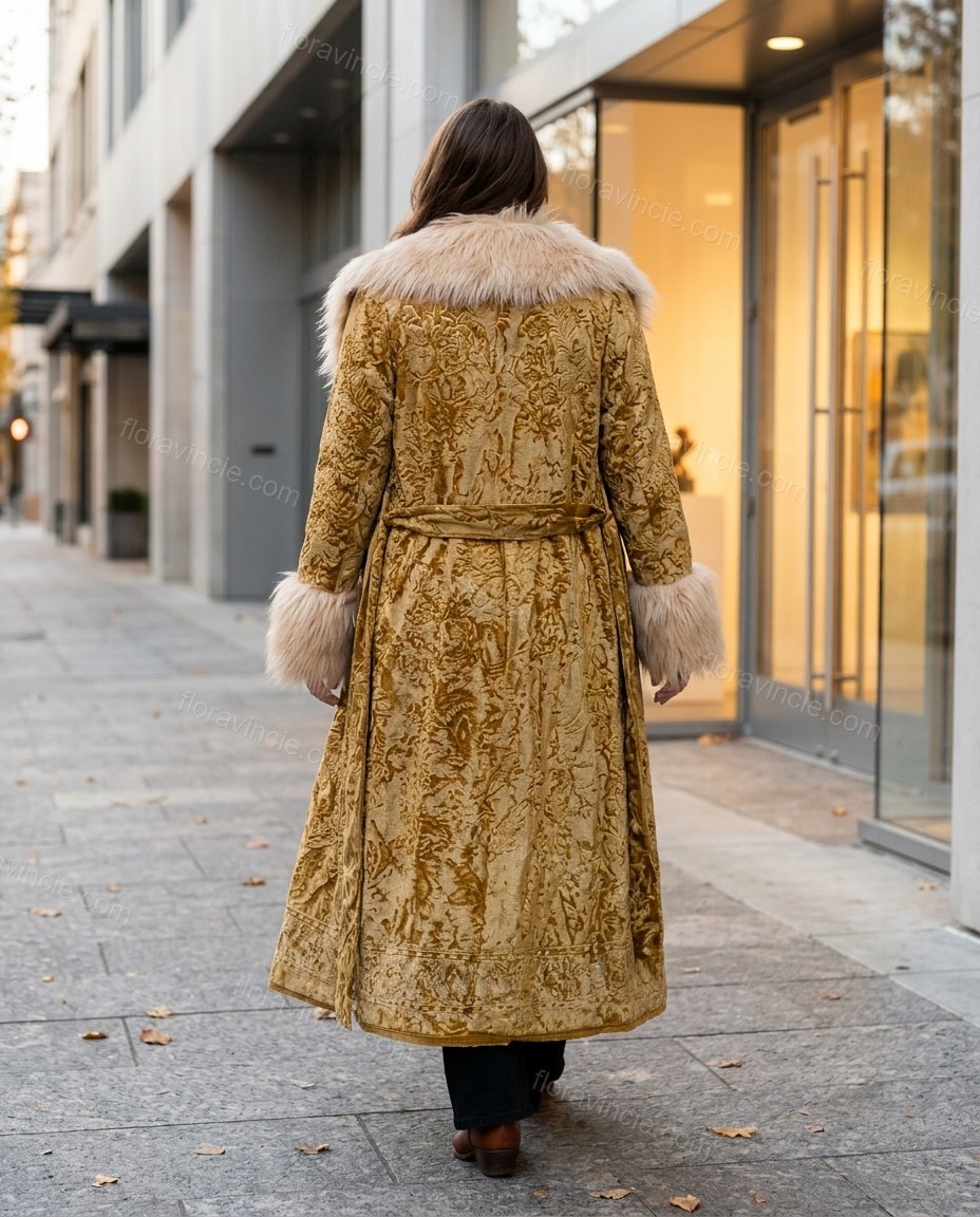 Mustard Metallic Gold Floral Coat, three-quarter brand lifestyle view, by Floravincie