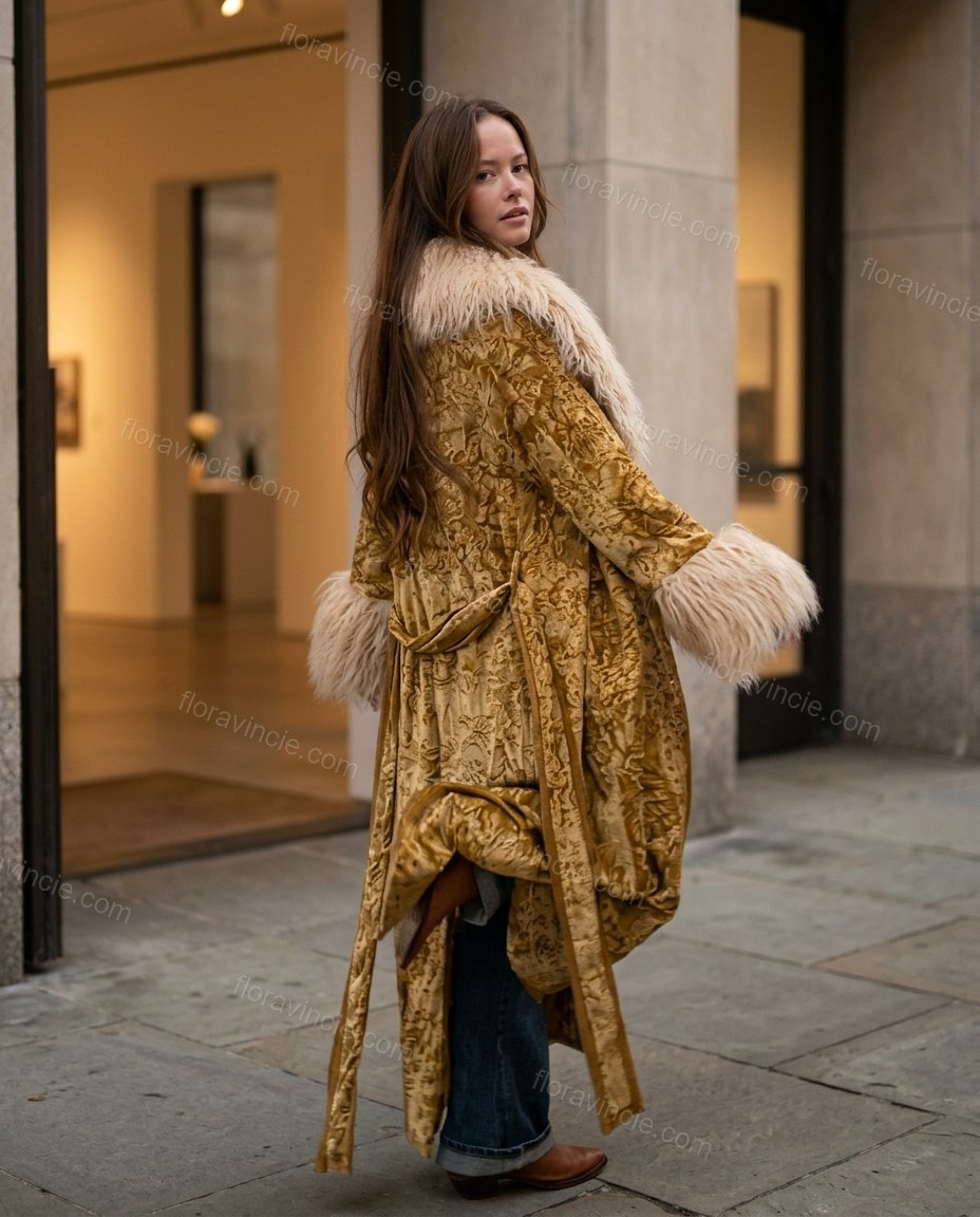 Mustard Metallic Gold Floral Coat, movement and fit lifestyle view, by Floravincie
