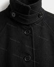 Black Coat, close-up of button closure, side pockets and cuff tabs, by Floravincie