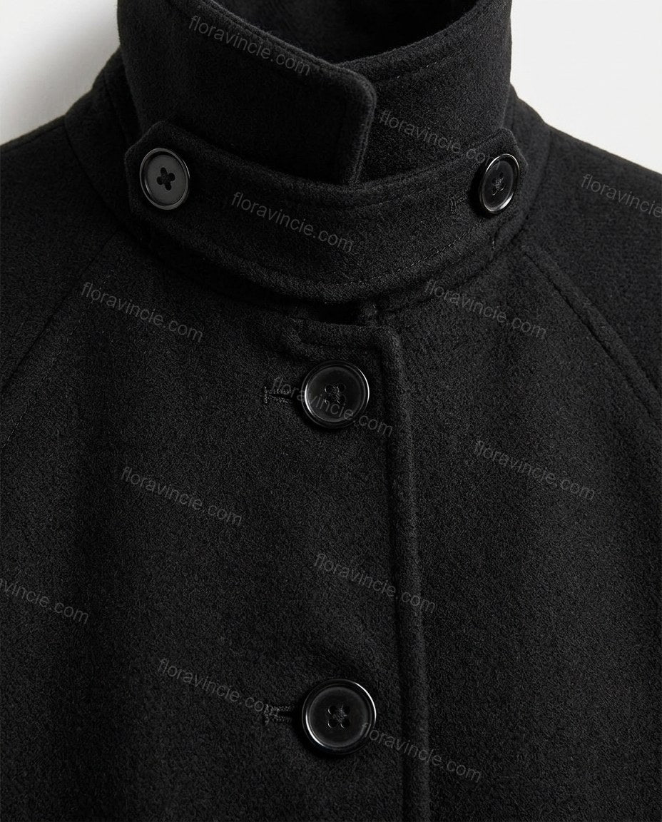 Black Coat, close-up of button closure, side pockets and cuff tabs, by Floravincie