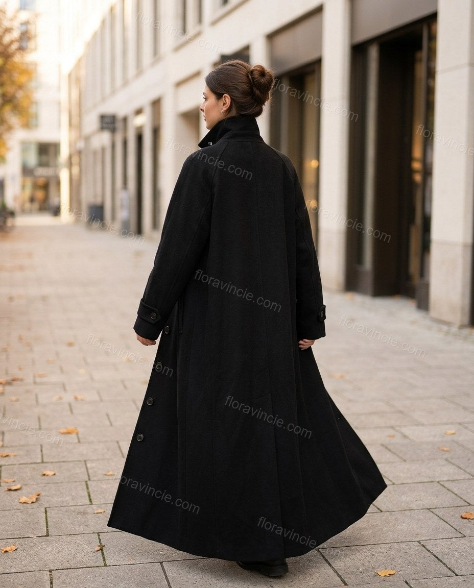 Black Coat, walking lifestyle view, by Floravincie