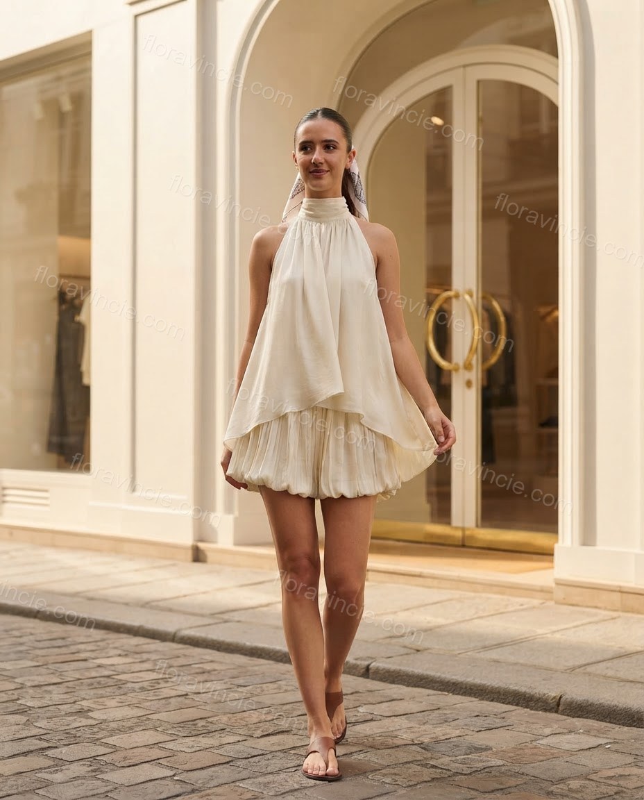 Ivory Grace Resort Dinner Pleated Mini Dress Ivory Mini Dress with Asymmetric silhouette and Textured texture, front view product image for Pre-Fall, a fall city dinner, Fall current summer selling first with a light late-summer/pre-fall accent: make it w by floravincie