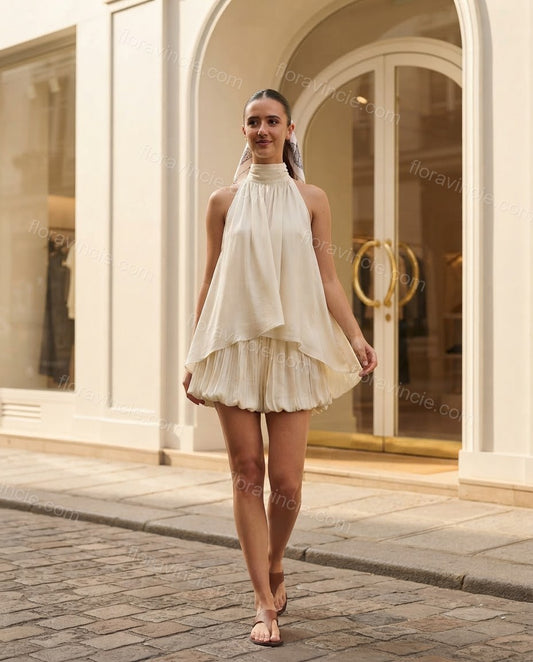 Ivory Grace Resort Dinner Pleated Mini Dress Ivory Mini Dress with Asymmetric silhouette and Textured texture, front view product image for Pre-Fall, a fall city dinner, Fall current summer selling first with a light late-summer/pre-fall accent: make it w by floravincie