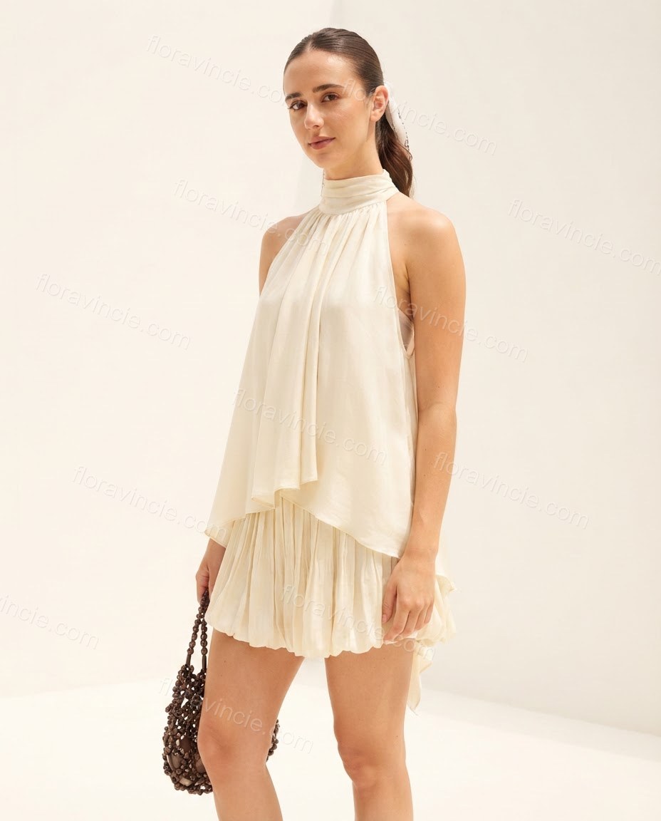Ivory Grace Resort Dinner Pleated Mini Dress Ivory Mini Dress with Asymmetric silhouette and Textured texture, side or back garment view for Pre-Fall, a fall city dinner, Fall current summer selling first with a light late-summer/pre-fall accent: make it by floravincie