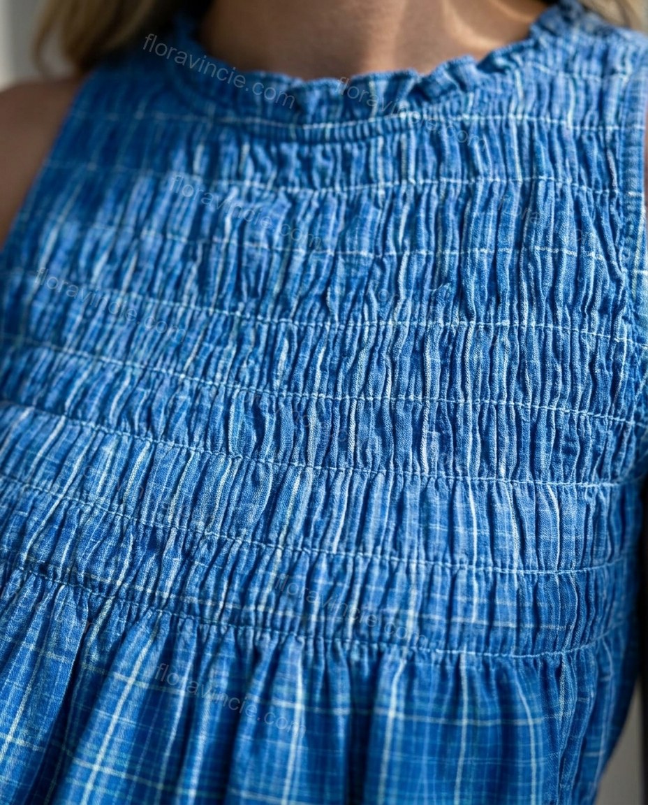 Blue Allure City Layer Smocked Romper Blue Romper with Relaxed Fit silhouette and Textured texture, additional styling view for Pre-Fall, a cafe plan, Fall current summer selling first with a light late-summer/pre-fall accent: make it wearable now for sum by floravincie