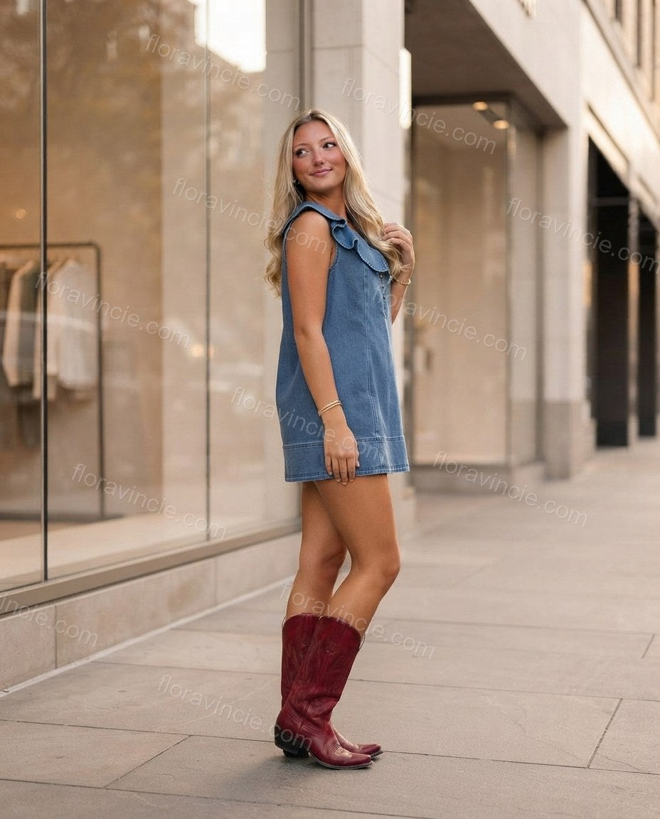 Denim Blue Grace City Layer Ruffled Mini Dress Denim Blue Mini Dress with Relaxed Fit silhouette and Textured texture, fabric and construction detail for Pre-Fall, a cafe plan, Fall current summer selling first with a light late-summer/pre-fall accent: ma by floravincie