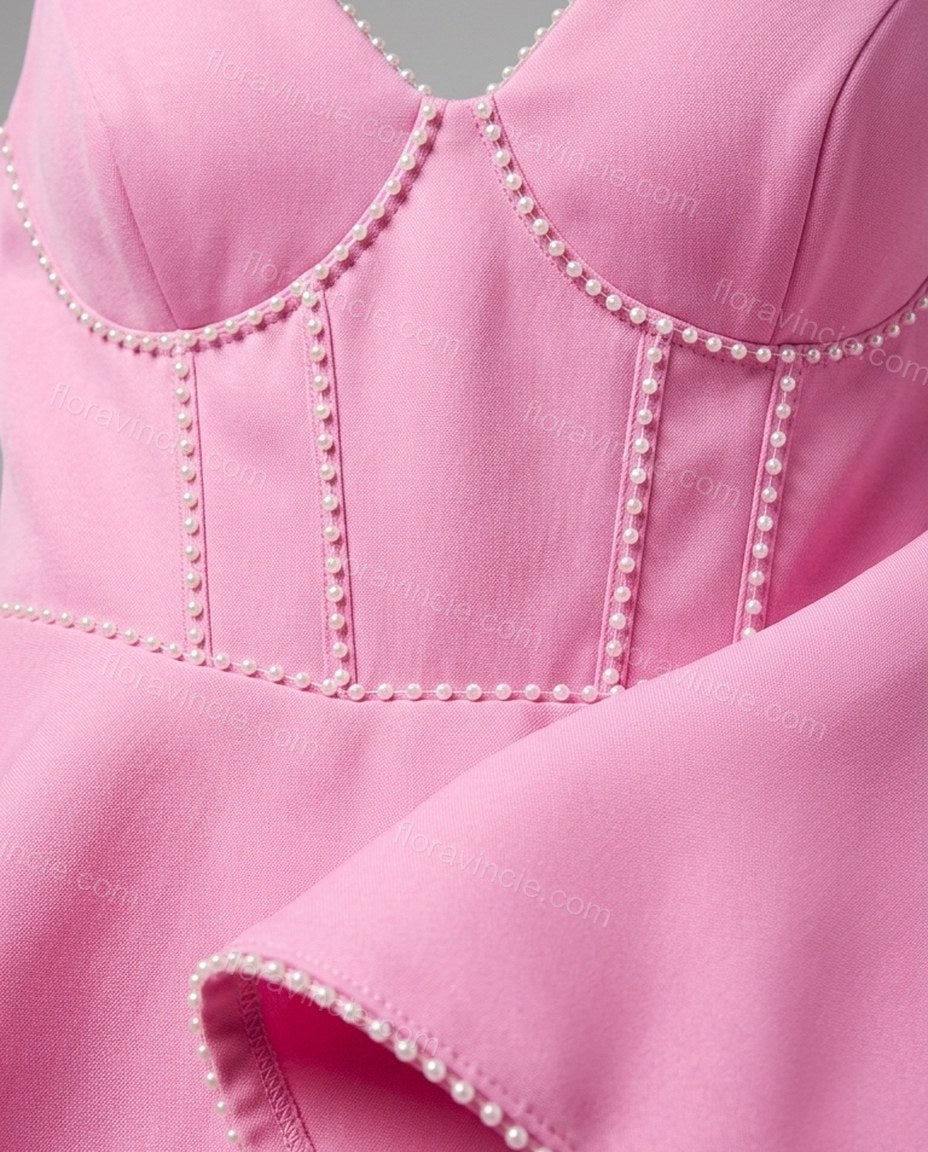 Pink Bloom City Dinner Sweetheart Mini Dress Pink Mini Dress with Structured silhouette and Ribbed Knit texture, additional styling view for Pre-Fall, an office-to-dinner transition, Fall current summer selling first with a light late-summer/pre-fall acce by floravincie