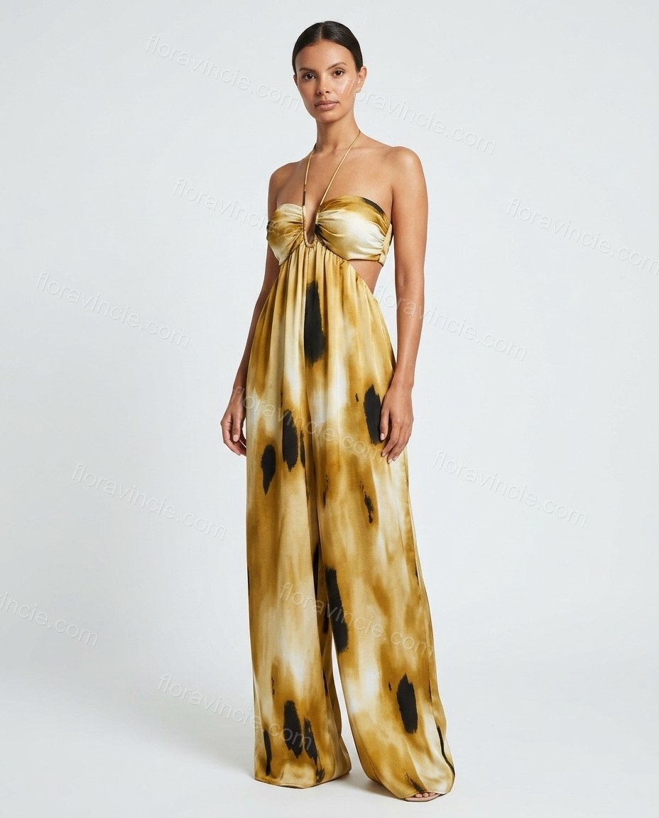 Mustard Muse City Layer Abstract Print Jumpsuit Mustard Jumpsuit with Wide-Leg silhouette and Satin texture, clean studio product view for Pre-Fall, an office-to-dinner transition, Fall current summer selling first with a light late-summer/pre-fall accent by floravincie