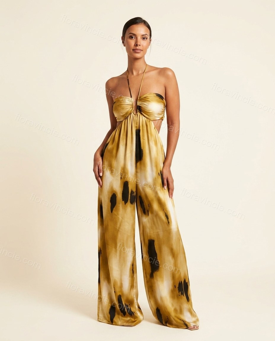 Mustard Muse City Layer Abstract Print Jumpsuit Mustard Jumpsuit with Wide-Leg silhouette and Satin texture, side or back garment view for Pre-Fall, an office-to-dinner transition, Fall current summer selling first with a light late-summer/pre-fall accent by floravincie