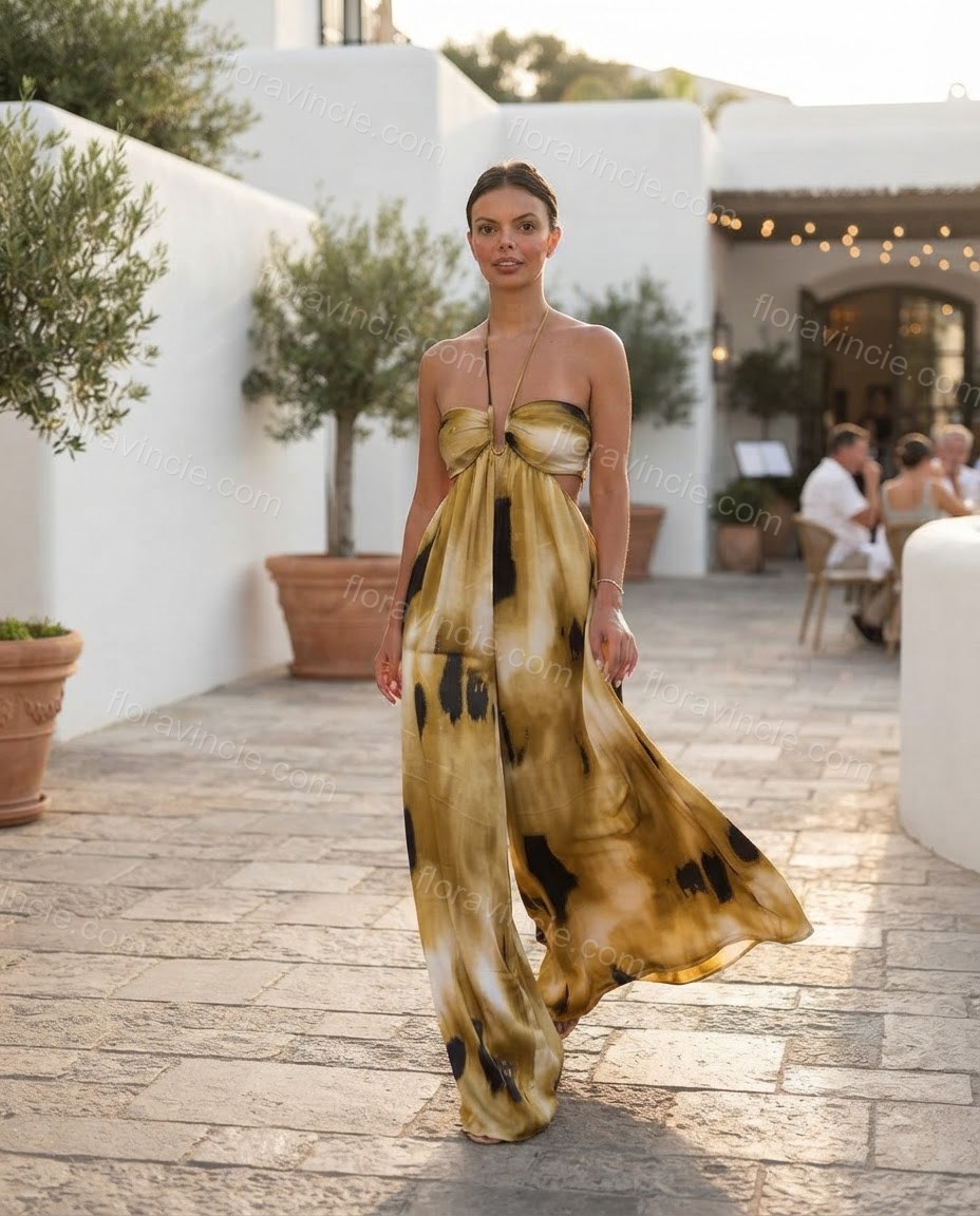 Mustard Muse City Layer Abstract Print Jumpsuit Mustard Jumpsuit with Wide-Leg silhouette and Satin texture, outdoor styling image for Pre-Fall, an office-to-dinner transition, Fall current summer selling first with a light late-summer/pre-fall accent: ma by floravincie