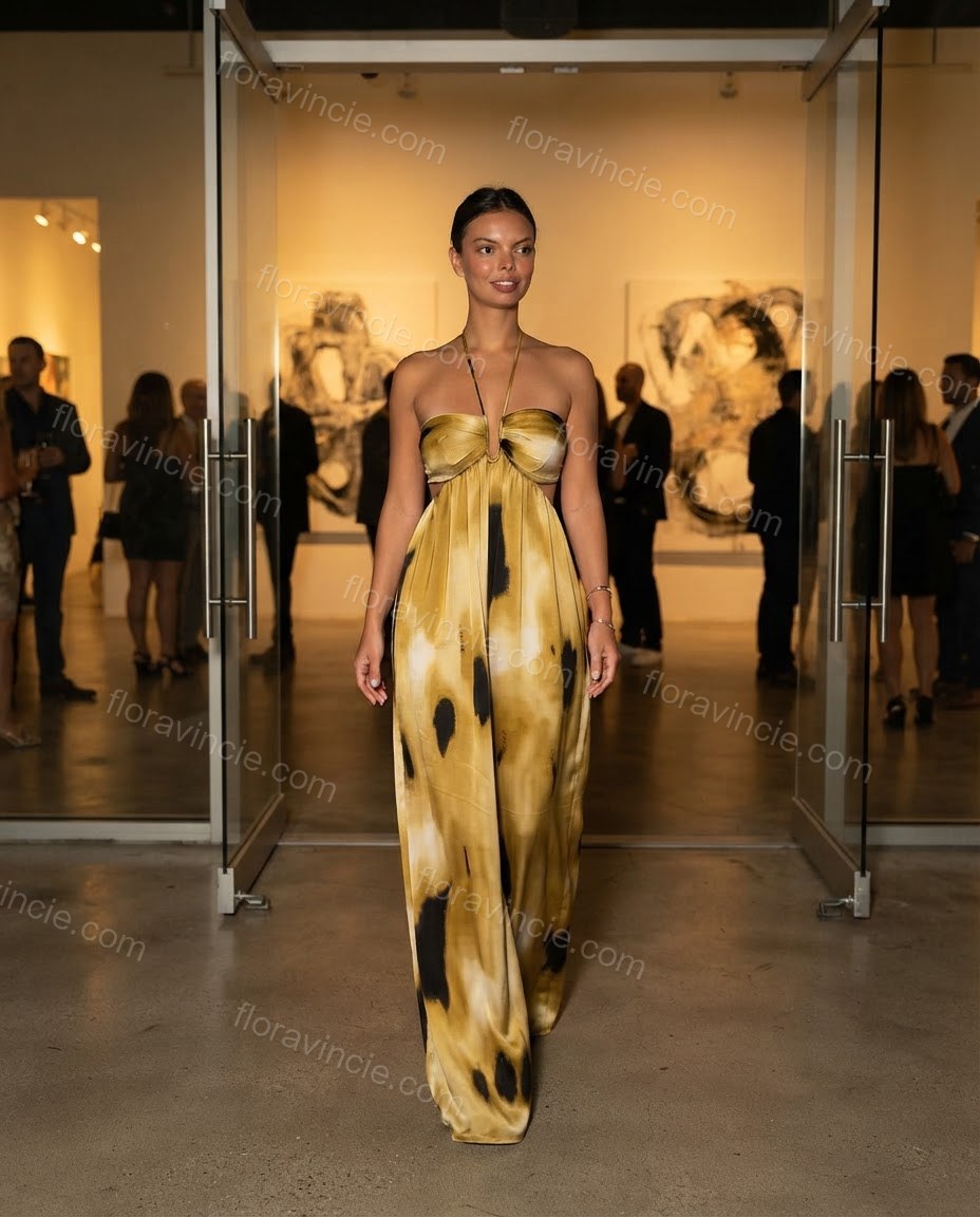 Mustard Muse City Layer Abstract Print Jumpsuit Mustard Jumpsuit with Wide-Leg silhouette and Satin texture, lifestyle scene image for Pre-Fall, an office-to-dinner transition, Fall current summer selling first with a light late-summer/pre-fall accent: ma by floravincie