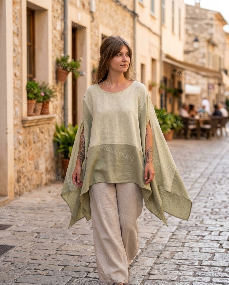 Sage Green Poise Terrace Dinner Linen Coat Sage Green Coat with Asymmetric silhouette and Linen Blend texture, outdoor styling image for Pre-Fall, a cafe plan, Fall current summer selling first with a light late-summer/pre-fall accent: make it wearable no by floravincie