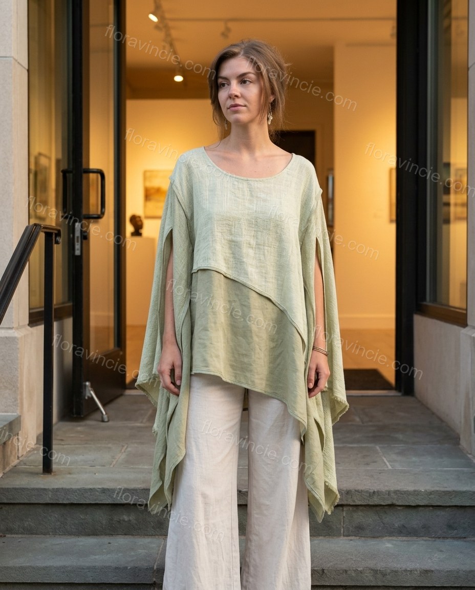 Sage Green Poise Terrace Dinner Linen Coat Sage Green Coat with Asymmetric silhouette and Linen Blend texture, lifestyle scene image for Pre-Fall, a cafe plan, Fall current summer selling first with a light late-summer/pre-fall accent: make it wearable no by floravincie