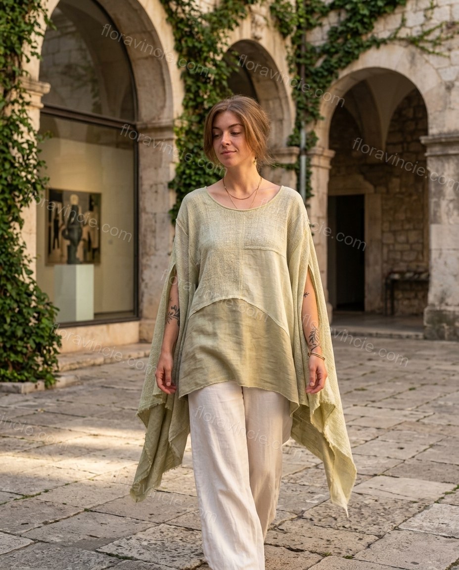 Sage Green Poise Terrace Dinner Linen Coat Sage Green Coat with Asymmetric silhouette and Linen Blend texture, editorial ecommerce scene for Pre-Fall, a cafe plan, Fall current summer selling first with a light late-summer/pre-fall accent: make it wearabl by floravincie