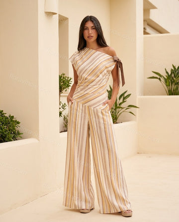 Ivory Glow Office Edit Striped Jumpsuit Ivory Jumpsuit with Asymmetric silhouette and Textured texture, front view product image for Pre-Fall, a gallery evening, Fall current summer selling first with a light late-summer/pre-fall accent: make it wearable by floravincie