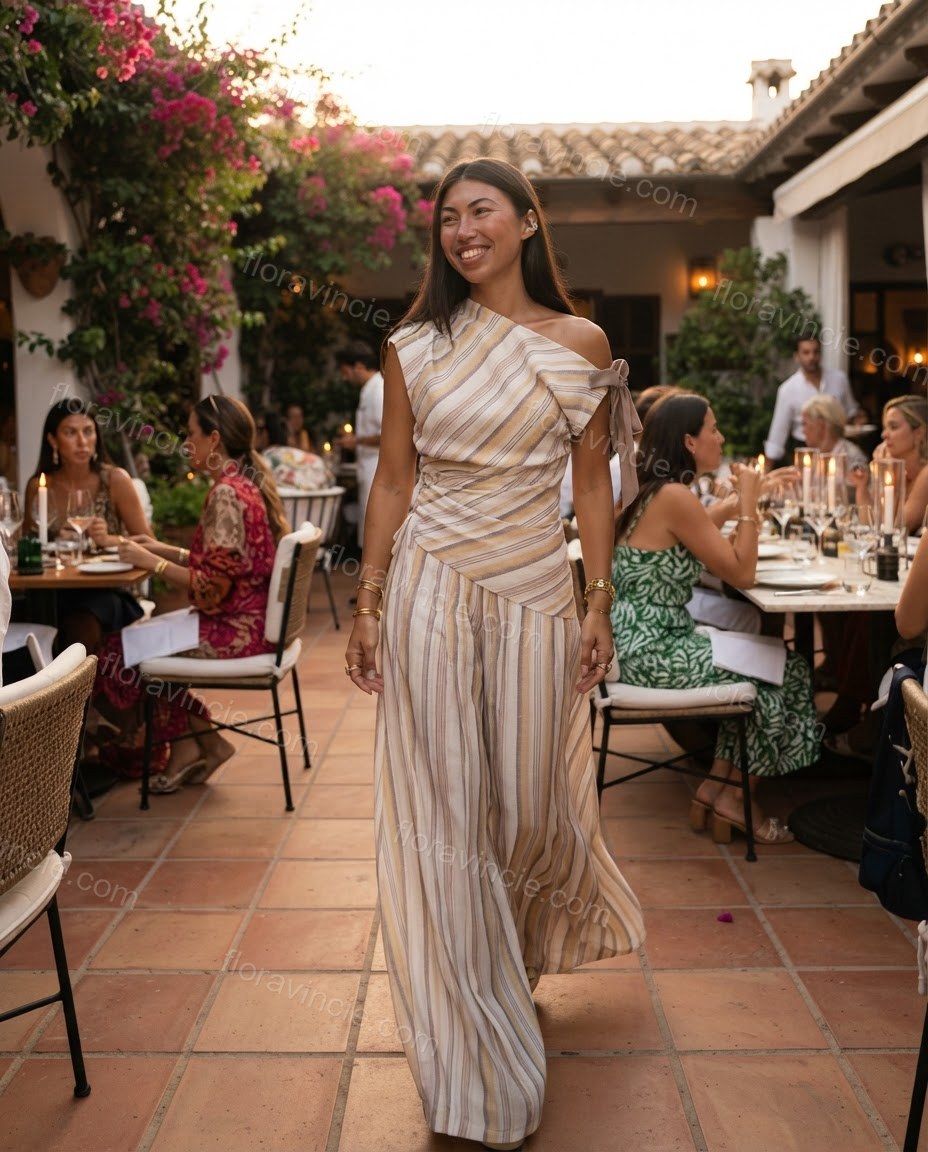 Ivory Glow Office Edit Striped Jumpsuit Ivory Jumpsuit with Asymmetric silhouette and Textured texture, lifestyle scene image for Pre-Fall, a gallery evening, Fall current summer selling first with a light late-summer/pre-fall accent: make it wearable now by floravincie