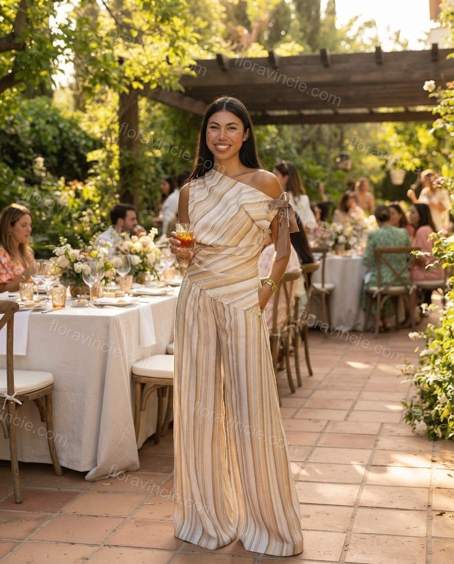 Ivory Glow Office Edit Striped Jumpsuit Ivory Jumpsuit with Asymmetric silhouette and Textured texture, editorial ecommerce scene for Pre-Fall, a gallery evening, Fall current summer selling first with a light late-summer/pre-fall accent: make it wearable by floravincie