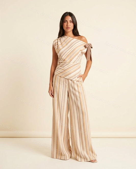 Ivory Glow Office Edit Striped Jumpsuit Ivory Jumpsuit with Asymmetric silhouette and Textured texture, clean studio product view for Pre-Fall, a gallery evening, Fall current summer selling first with a light late-summer/pre-fall accent: make it wearable by floravincie