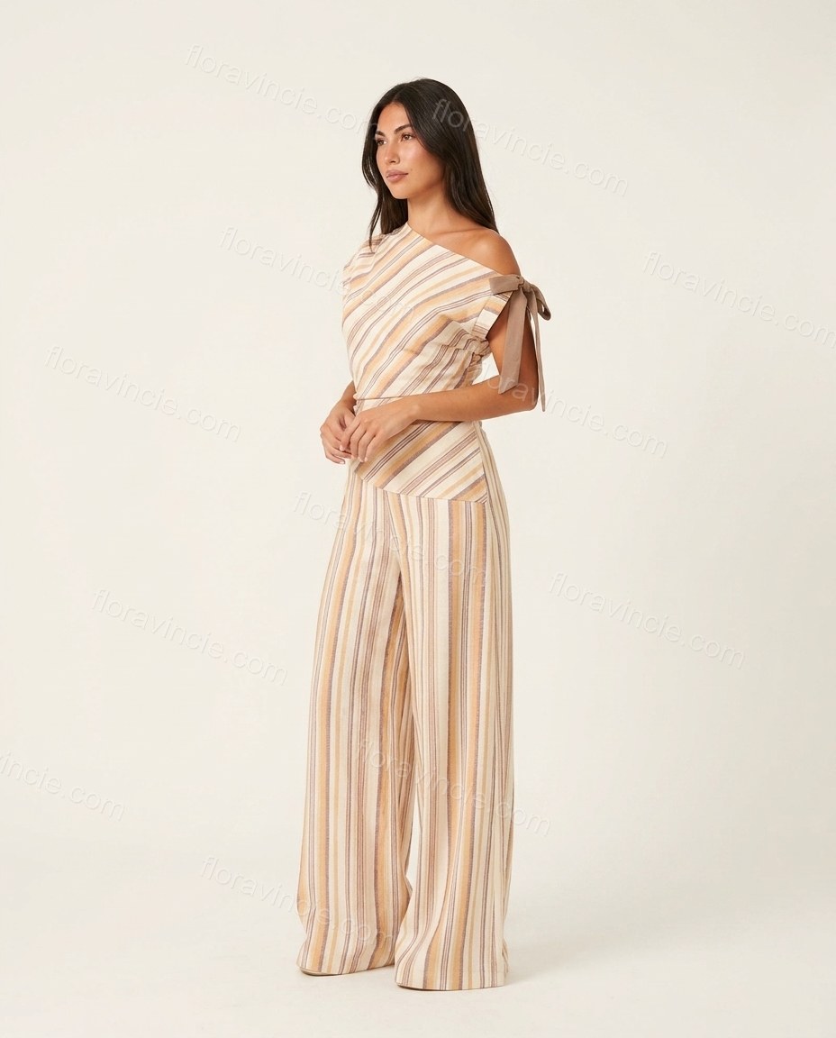 Ivory Glow Office Edit Striped Jumpsuit Ivory Jumpsuit with Asymmetric silhouette and Textured texture, side or back garment view for Pre-Fall, a gallery evening, Fall current summer selling first with a light late-summer/pre-fall accent: make it wearable by floravincie