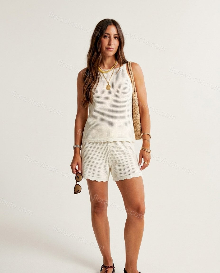 Ivory Charm Day-to-Night Crochet Short Set Ivory Short Set with Relaxed Fit silhouette and Ribbed Knit texture, side or back garment view for Pre-Fall, a fall city dinner, Fall current summer selling first with a light late-summer/pre-fall accent: make it by floravincie
