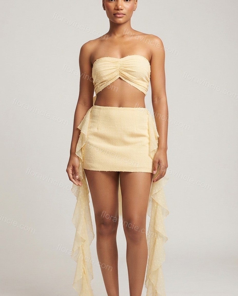 Light Yellow Muse City Layer Polka Dot Skirt Set Light Yellow Skirt Set with Asymmetric silhouette and Textured texture, additional styling view for Pre-Fall, an office-to-dinner transition, Fall current summer selling first with a light late-summer/pre-f by floravincie
