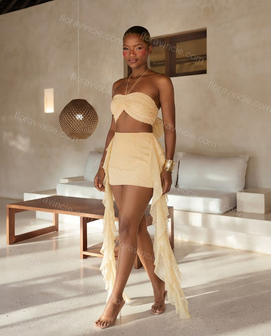 Light Yellow Muse City Layer Polka Dot Skirt Set Light Yellow Skirt Set with Asymmetric silhouette and Textured texture, clean studio product view for Pre-Fall, an office-to-dinner transition, Fall current summer selling first with a light late-summer/pre by floravincie