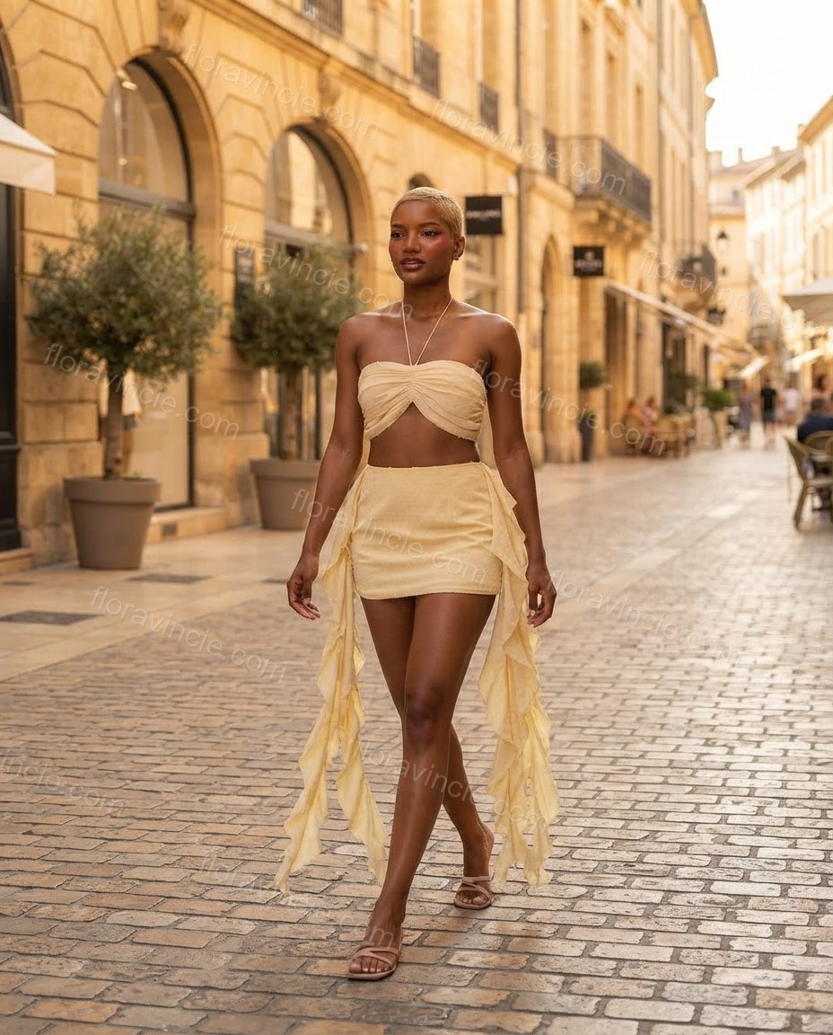 Light Yellow Muse City Layer Polka Dot Skirt Set Light Yellow Skirt Set with Asymmetric silhouette and Textured texture, editorial ecommerce scene for Pre-Fall, an office-to-dinner transition, Fall current summer selling first with a light late-summer/pre by floravincie