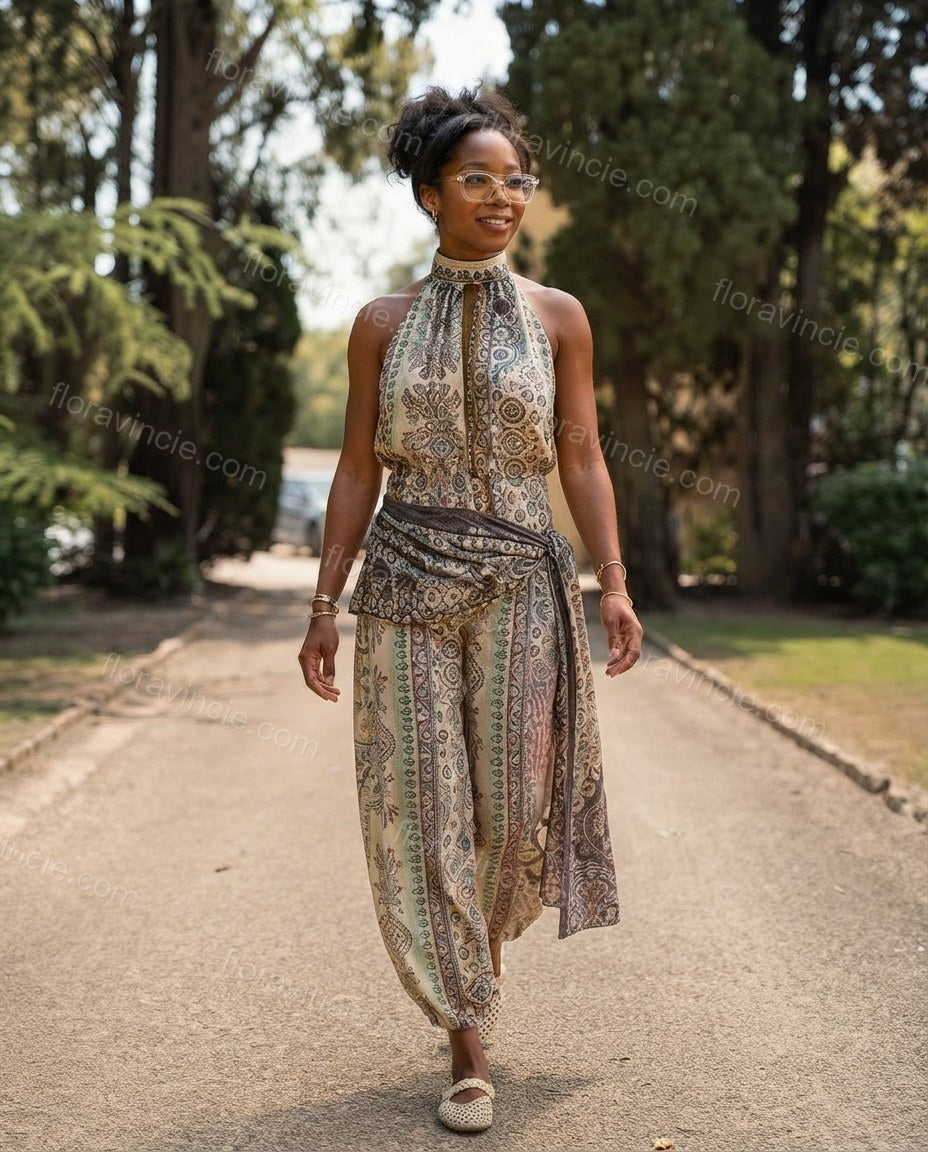 Ivory Whisper Resort Dinner Paisley Jumpsuit Ivory Jumpsuit with Wide-Leg silhouette and Textured texture, front view product image for Pre-Fall, an office-to-dinner transition, Fall current summer selling first with a light late-summer/pre-fall accent: m by floravincie