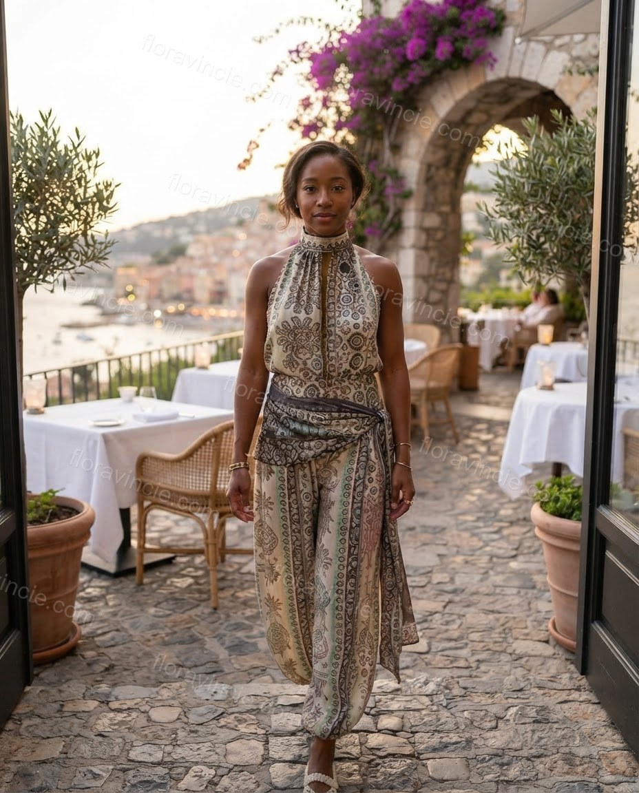 Ivory Whisper Resort Dinner Paisley Jumpsuit Ivory Jumpsuit with Wide-Leg silhouette and Textured texture, lifestyle scene image for Pre-Fall, an office-to-dinner transition, Fall current summer selling first with a light late-summer/pre-fall accent: make by floravincie